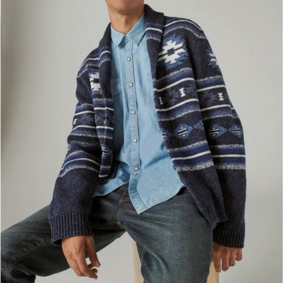 Lucky Brand Legacy Shawl Collar Button Front Cardigan Blue Aztec Print Size M - Picture 3 of 12